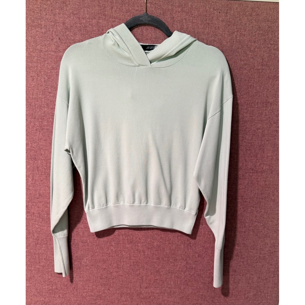 Zara Knit Cropped Hoodie Sweater Women S Sage Green Ribbed Lng Sleeve Minimalist